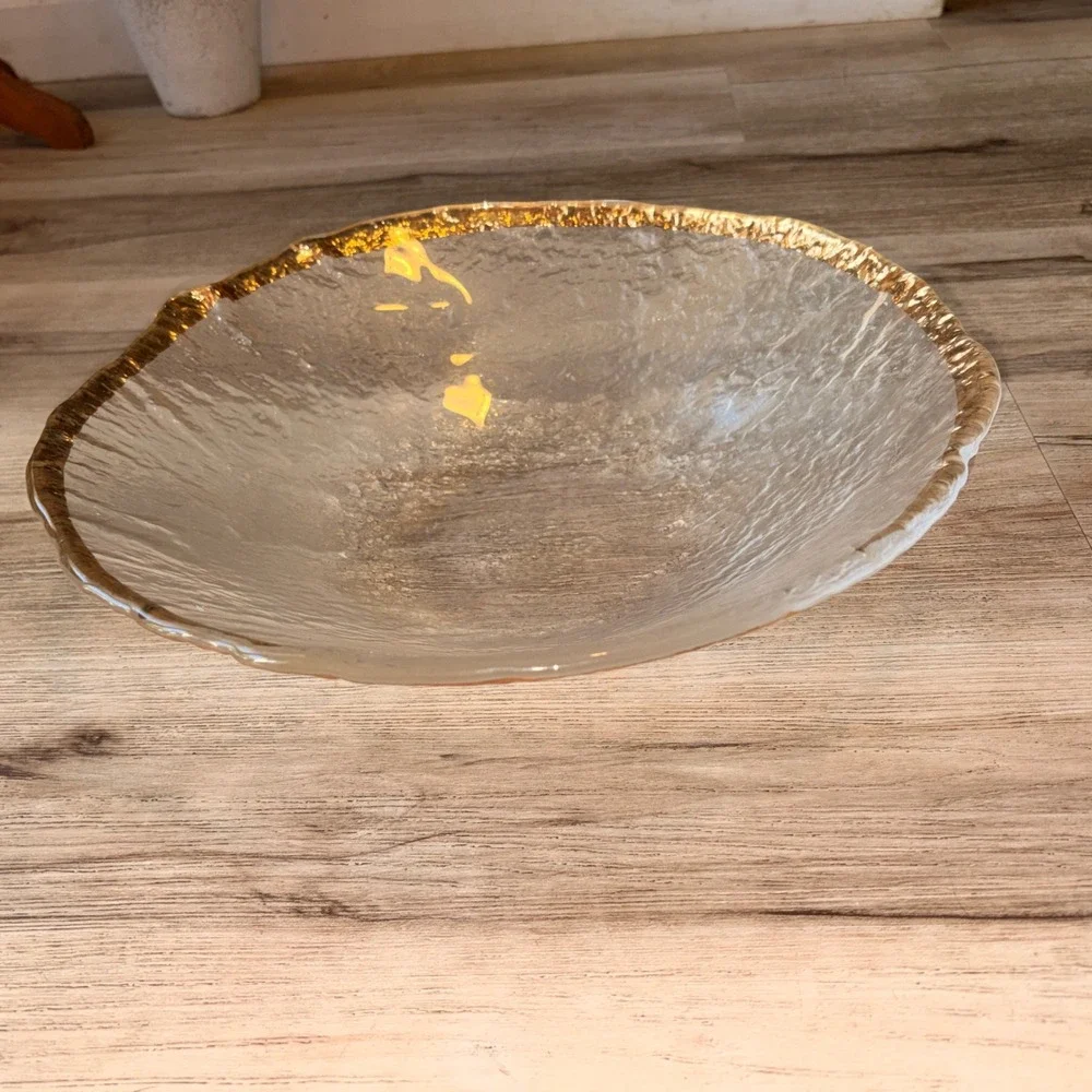 Glacier IVV Italian Textured Art Glass 10K Gold Trim Bowl 13